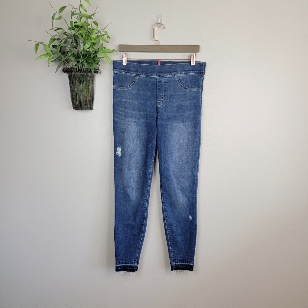 Spanx Pull On High Rise Jegging Distressed Skinny Frayed Step Hem Jeans L
